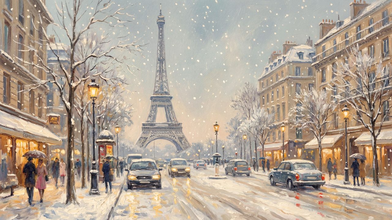 Christmas Frame TV Art, Vintage Holiday Oil Painting (Eiffel Tower in Snowfall)