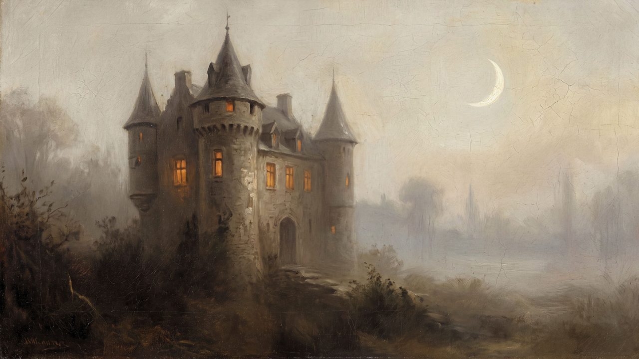 Halloween Frame TV Art, Vintage Moody Oil Painting (Castle Under Crescent Moon)