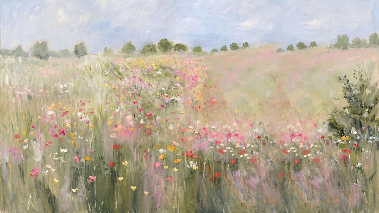 Summer Frame TV Art, Coastal Beach Oil Painting (Pink Wildflower Meadow)