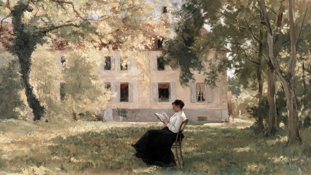 Vintage Frame TV Art, Antique Landscape Oil Painting (Woman Reading in Garden)