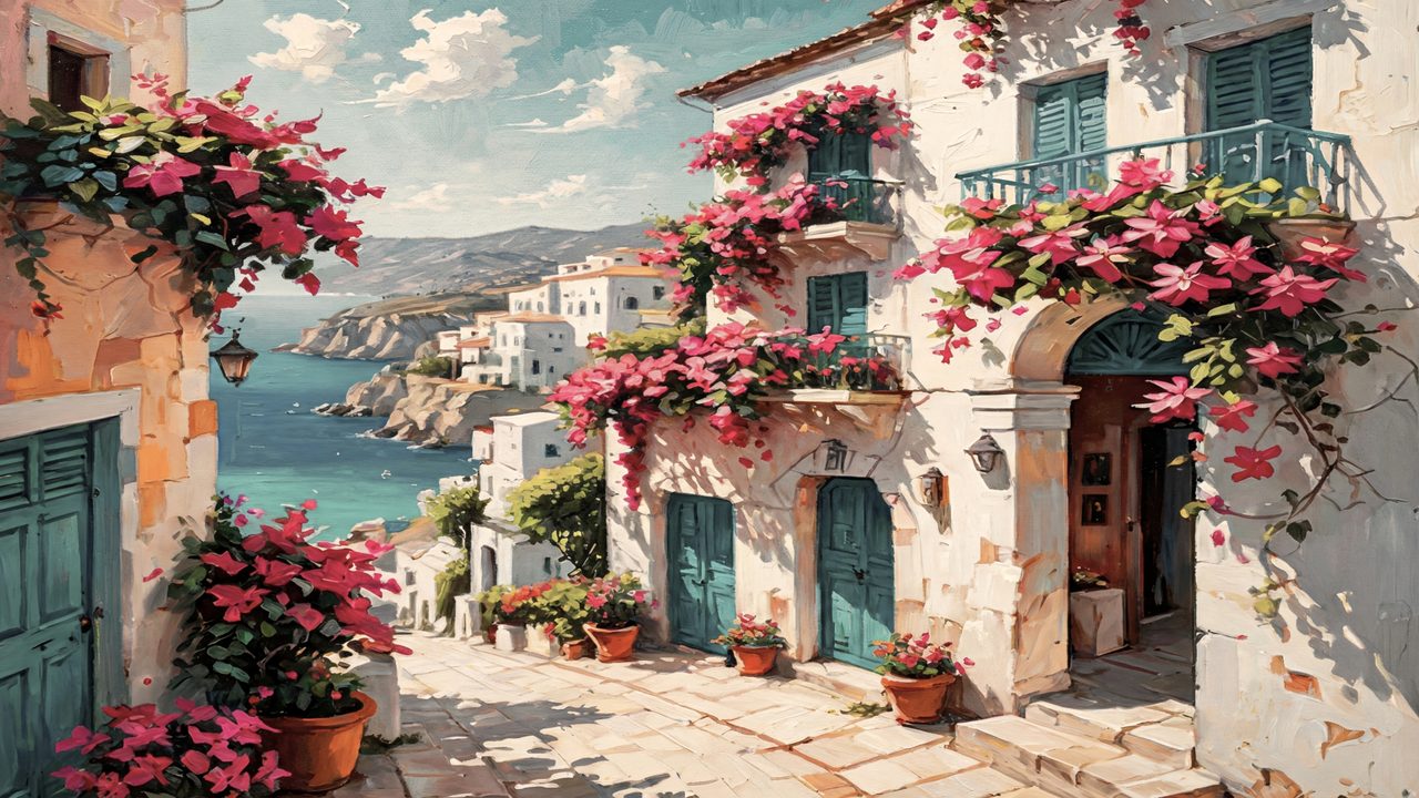 Spring Frame TV Art, Vintage Floral Landscape Oil Painting (Mediterranean House with Flowers)