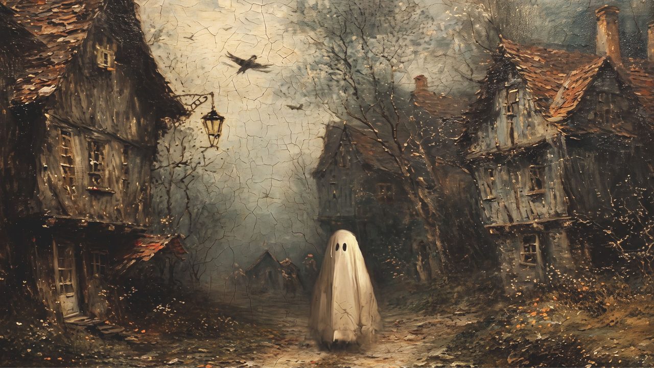 Halloween Frame TV Art, Vintage Moody Oil Painting (Ghost in Old Village Lane)