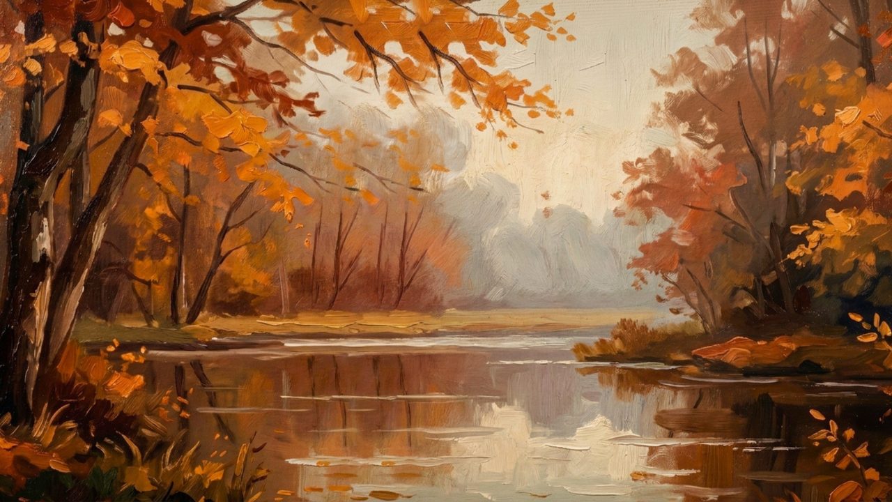 Fall Frame TV Art, Vintage Autumn Oil Painting (Autumn Lake Reflections)