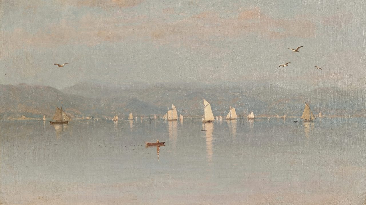 Vintage Frame TV Art, Antique Landscape Oil Painting (Sailboats on Hazy Lake)