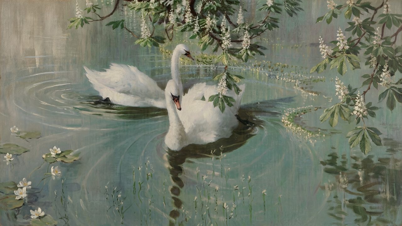 Vintage Frame TV Art, Antique Landscape Oil Painting (Swan on Lily Pond)