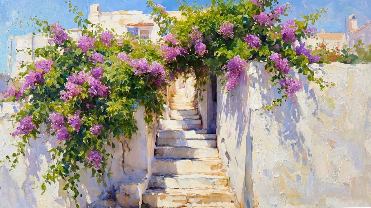 Spring Frame TV Art, Vintage Floral Landscape Oil Painting (Purple Flowers on White Stairs)