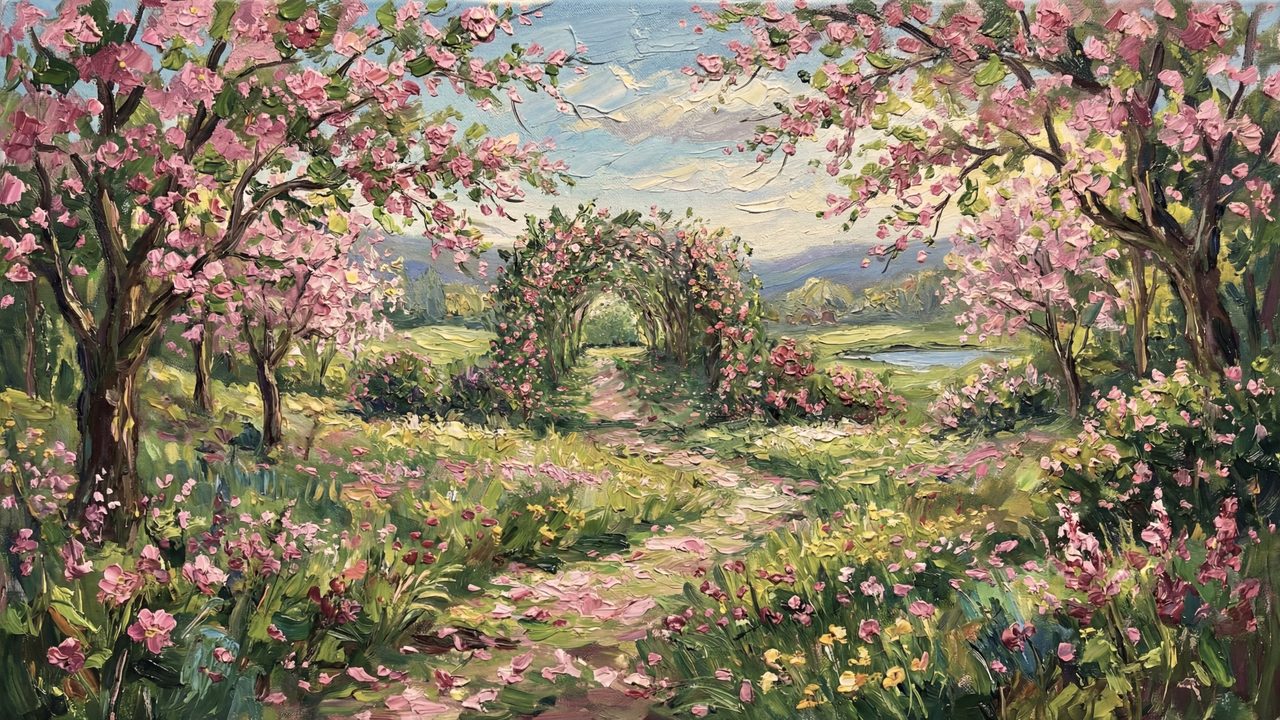 Spring Frame TV Art, Vintage Floral Landscape Oil Painting (Blossom Arch in Garden)
