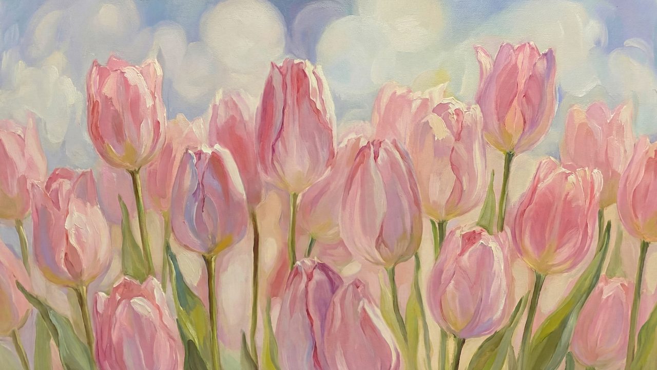 Spring Frame TV Art, Vintage Floral Landscape Oil Painting (Pink Tulips Close Up)