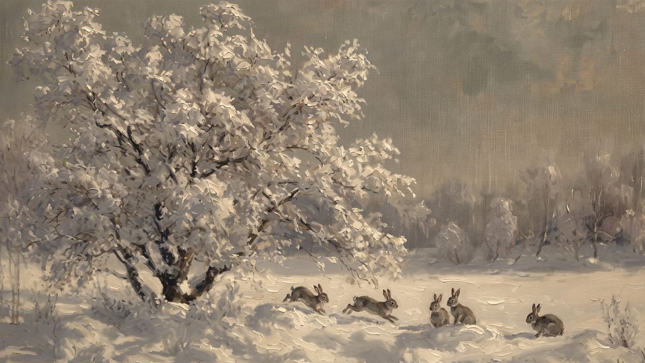 Christmas Frame TV Art, Vintage Holiday Oil Painting (Rabbits by Frosted Tree)