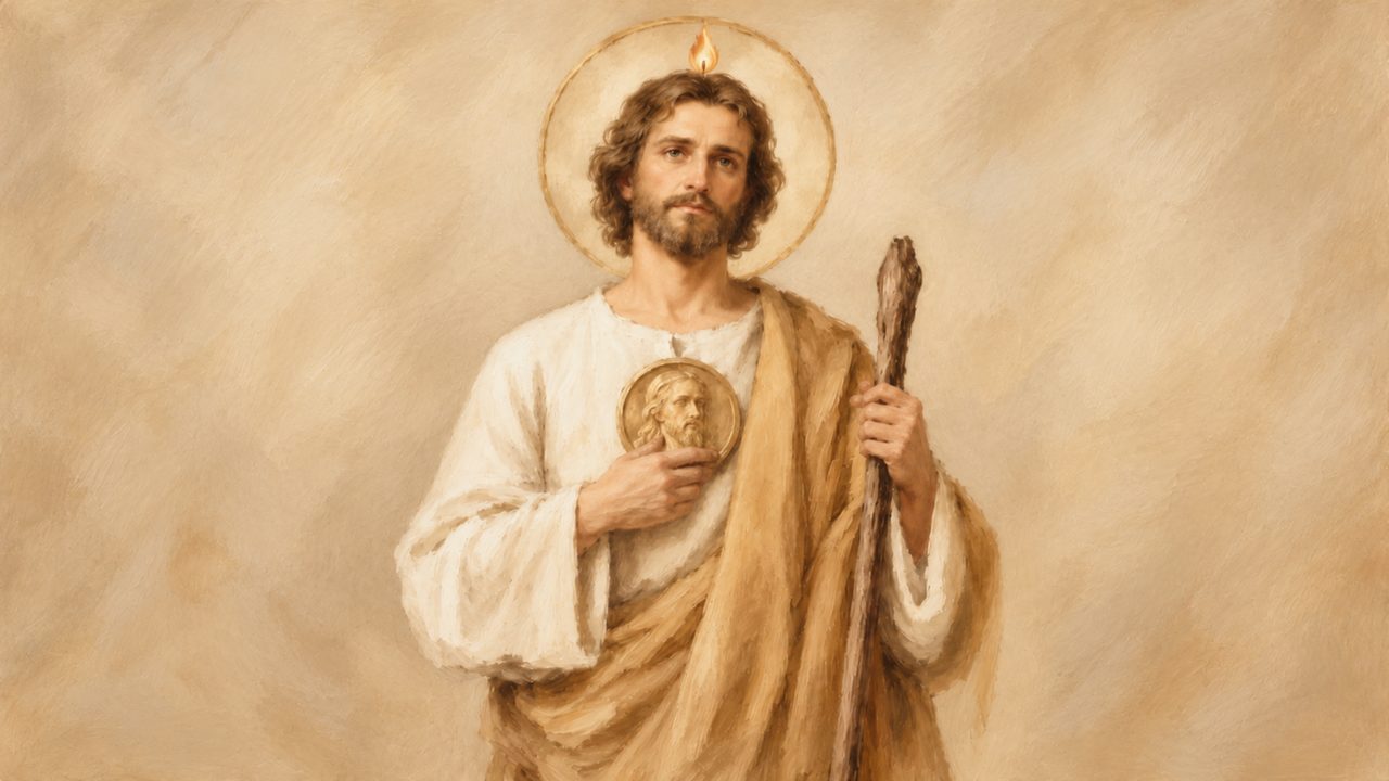 Christian Frame TV Art, Jesus Religious Oil Painting (Saint Jude with Staff)