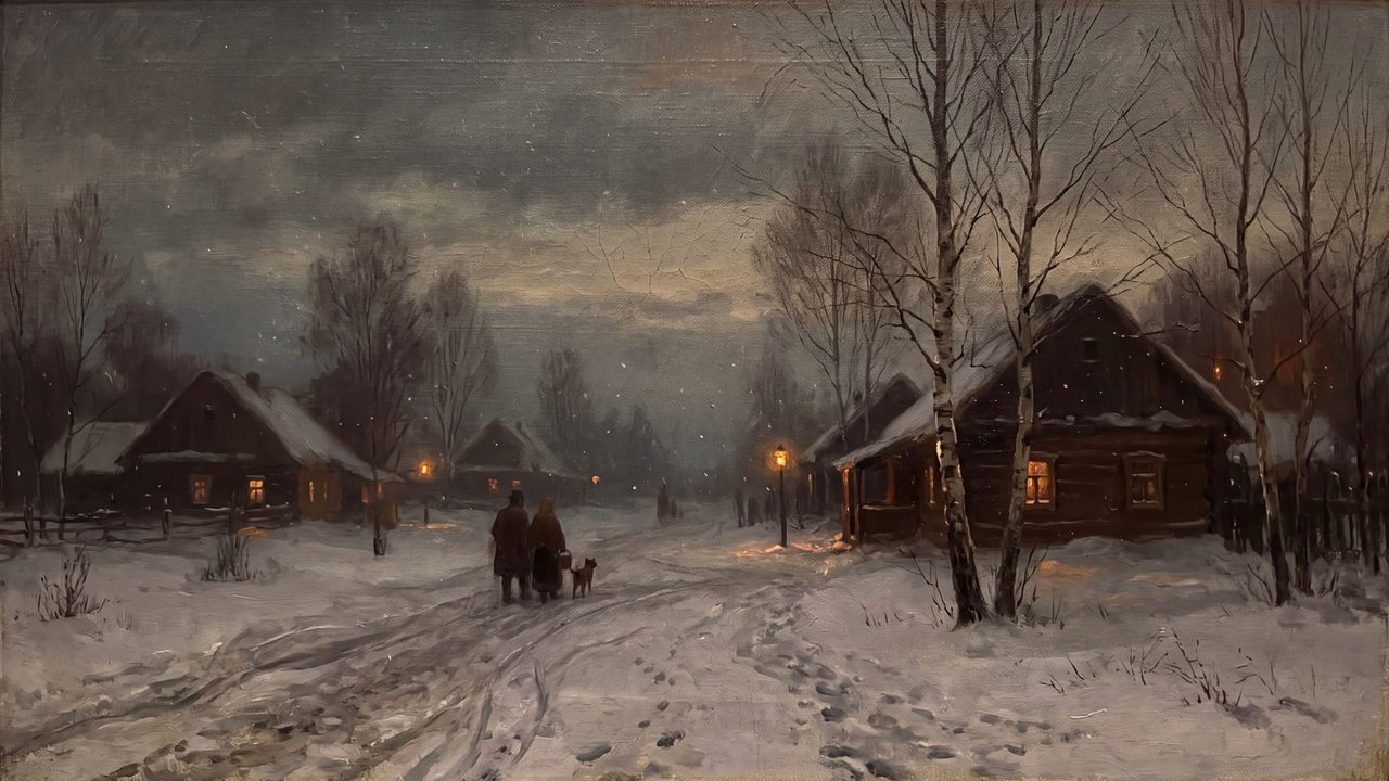Christmas Frame TV Art, Vintage Holiday Oil Painting (Village Road at Winter Dusk)