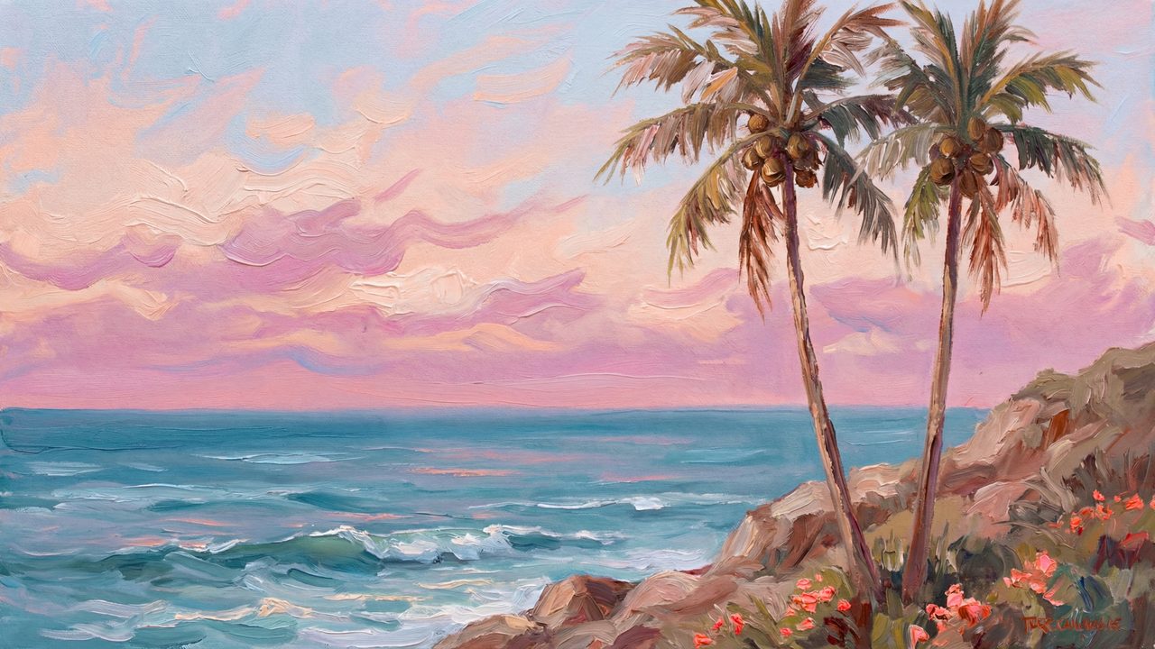 Summer Frame TV Art, Coastal Beach Oil Painting (Palm Trees on Pink Coast)