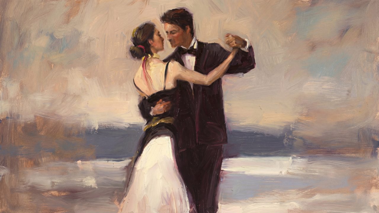 Valentine Frame TV Art, Romantic Vintage Oil Painting (Couple Dancing by Sea)