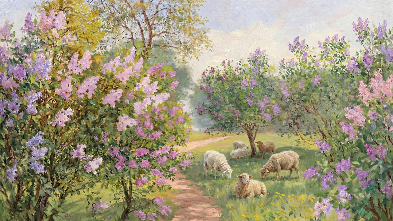 Spring Frame TV Art, Vintage Floral Landscape Oil Painting (Sheep Among Lilac Bushes)