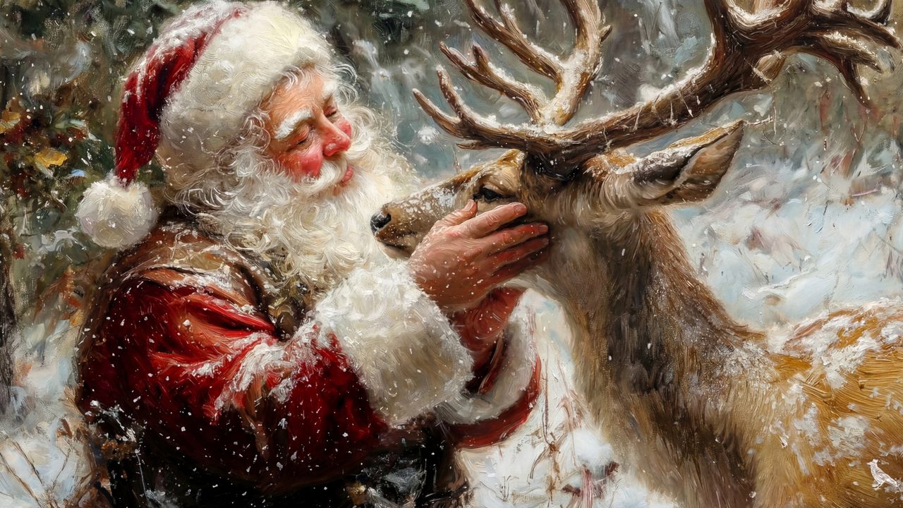Christmas Frame TV Art, Vintage Holiday Oil Painting (Santa with Reindeer)