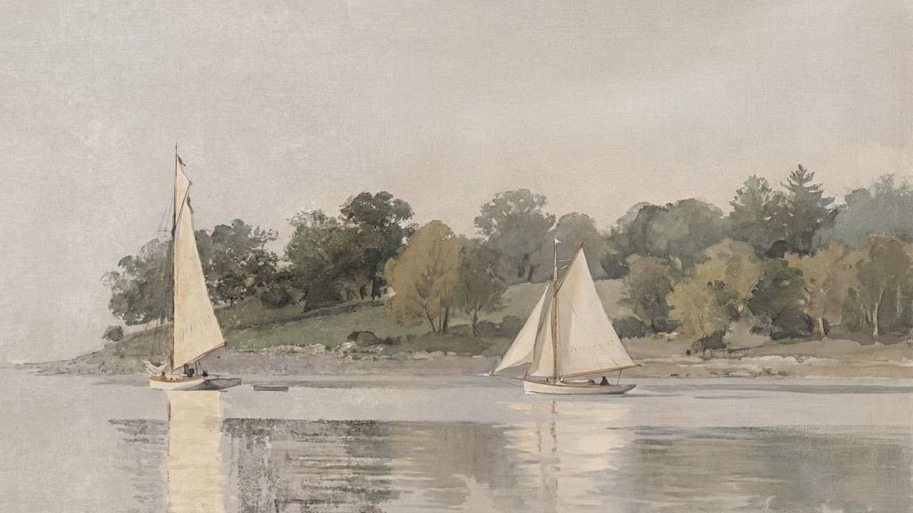 Vintage Frame TV Art, Antique Landscape Oil Painting (Sailboats Near Wooded Shore)
