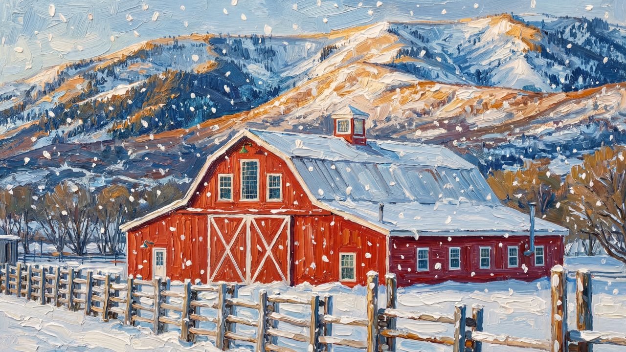 Christmas Frame TV Art, Vintage Holiday Oil Painting (Red Barn Below Mountains)