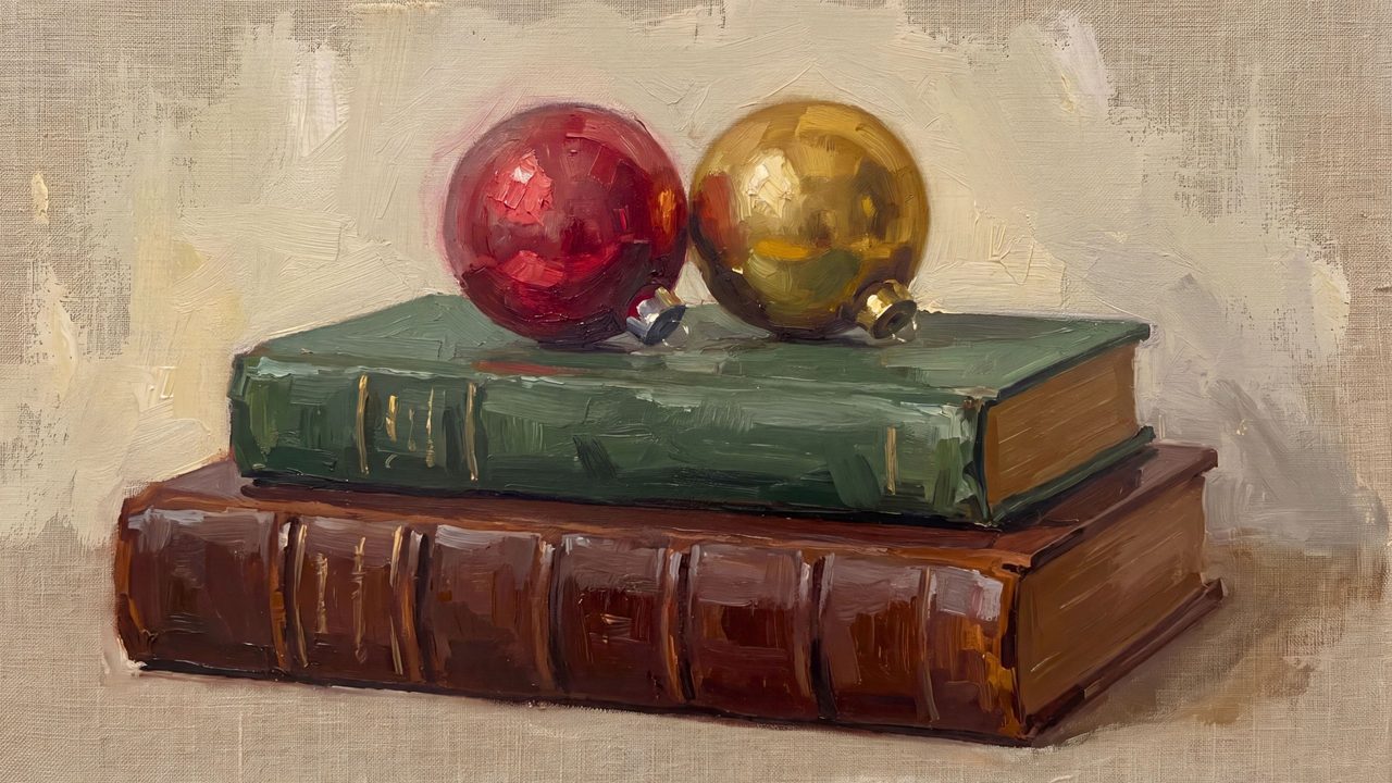 Christmas Frame TV Art, Vintage Holiday Oil Painting (Ornaments on Old Books)