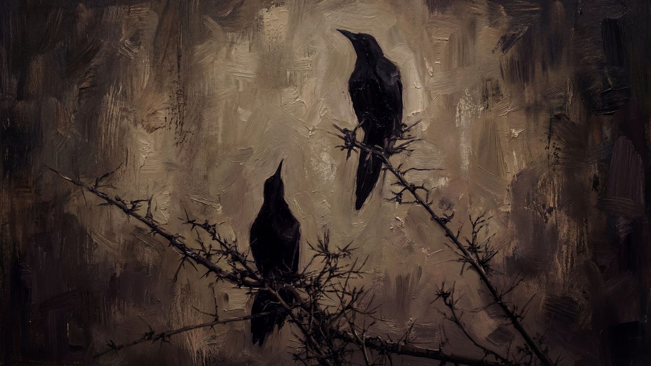 Halloween Frame TV Art, Vintage Moody Oil Painting (Ravens on Thorny Branch)