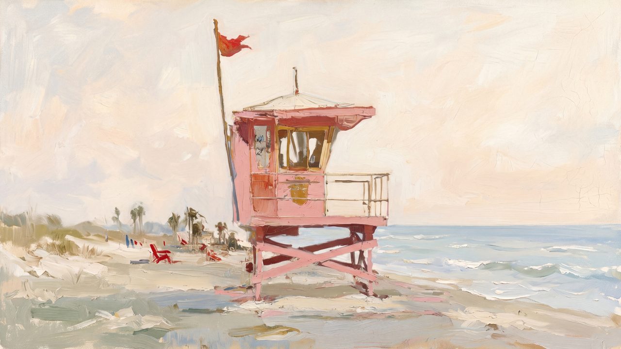 Summer Frame TV Art, Coastal Beach Oil Painting (Pink Lifeguard Stand)