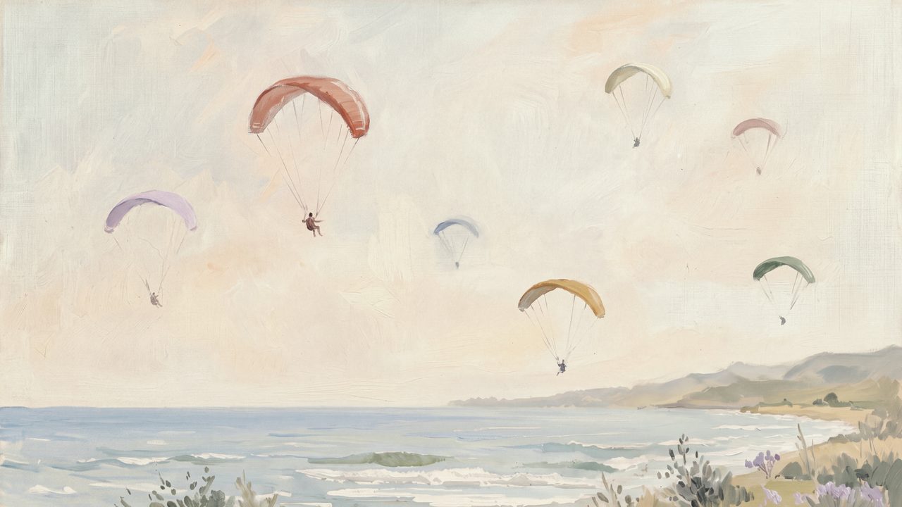 Summer Frame TV Art, Coastal Beach Oil Painting (Paragliders over Coast)