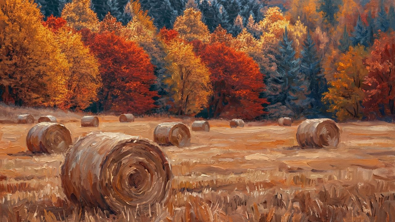Fall Frame TV Art, Vintage Autumn Oil Painting (Hay Bales by Autumn Forest 2)