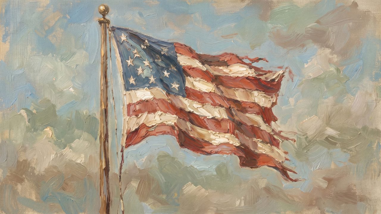 4th of July Frame TV Art, Patriotic American Oil Painting (American Flag on Pole 3)