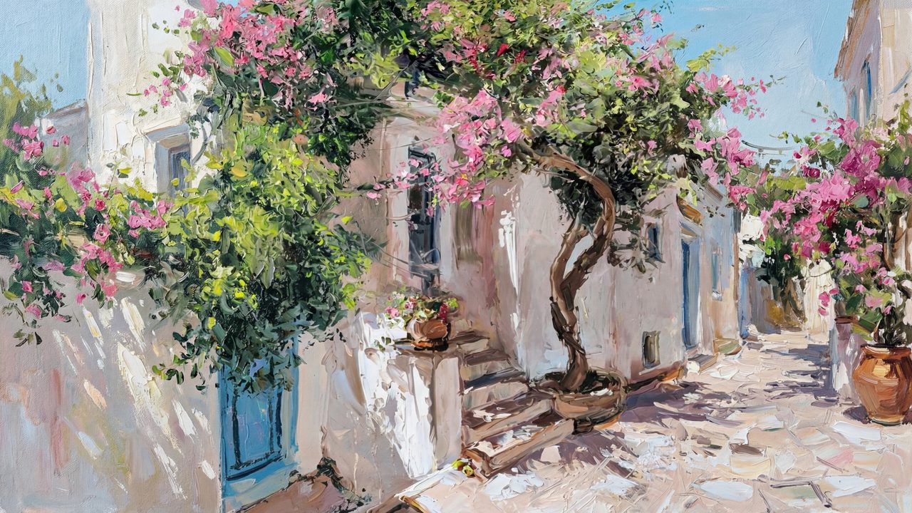 Spring Frame TV Art, Vintage Floral Landscape Oil Painting (Whitewashed Village Lane)