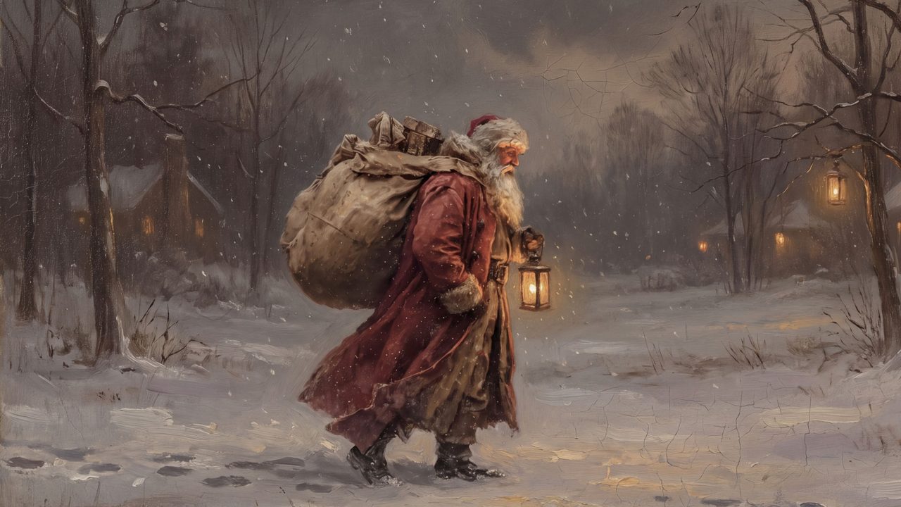 Christmas Frame TV Art, Vintage Holiday Oil Painting (Santa with Lantern and Sack)