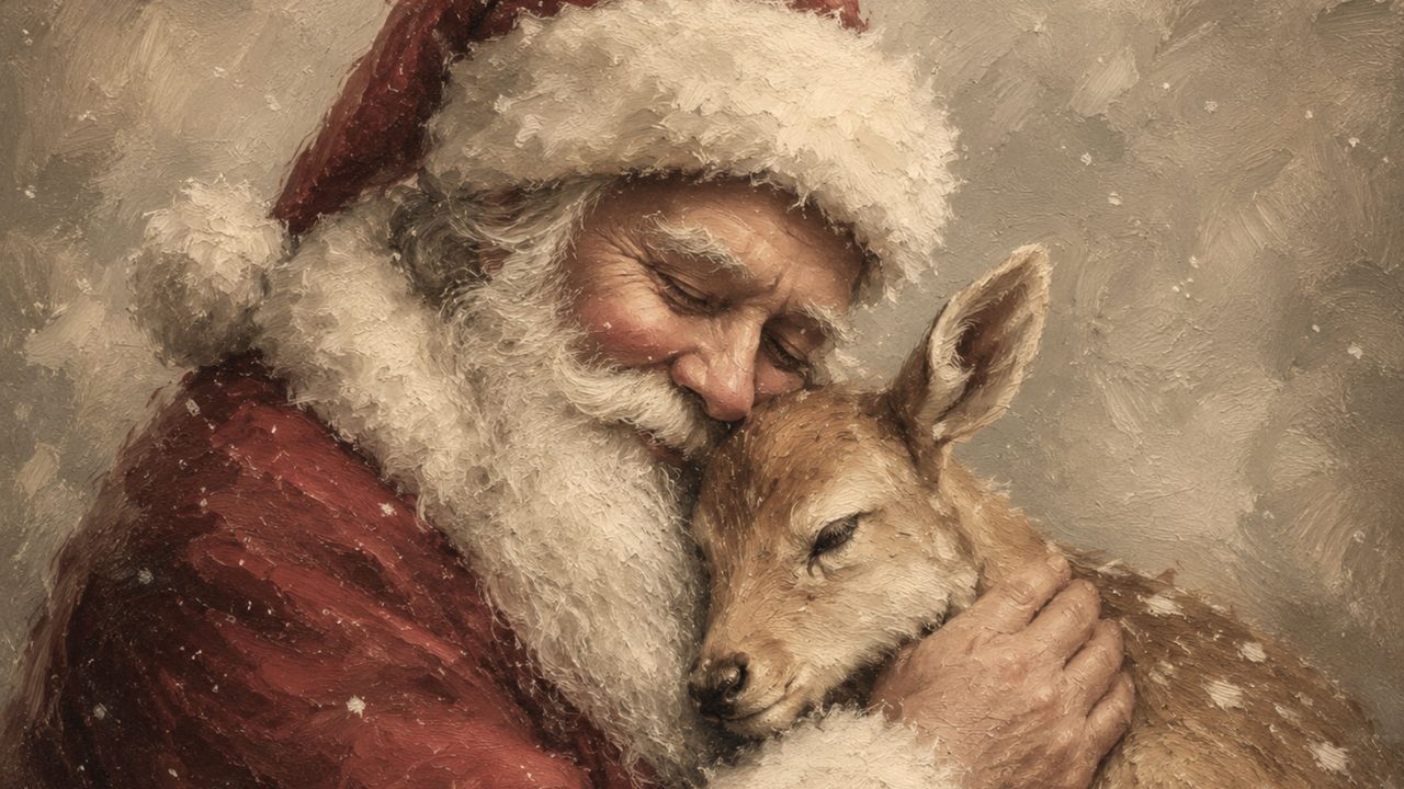 Christmas Frame TV Art, Vintage Holiday Oil Painting (Santa Hugging Fawn)