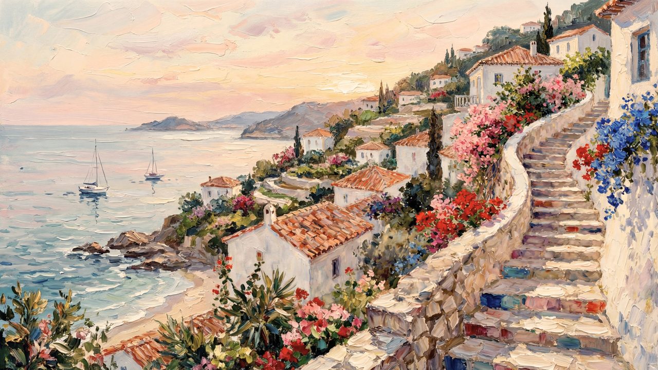 Spring Frame TV Art, Vintage Floral Landscape Oil Painting (Seaside Village Stairway)