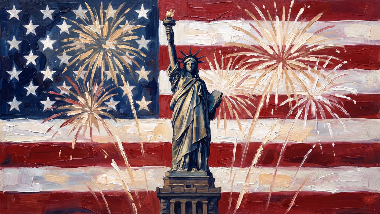 4th of July Frame TV Art, Patriotic American Oil Painting (Statue of Liberty with Fireworks)