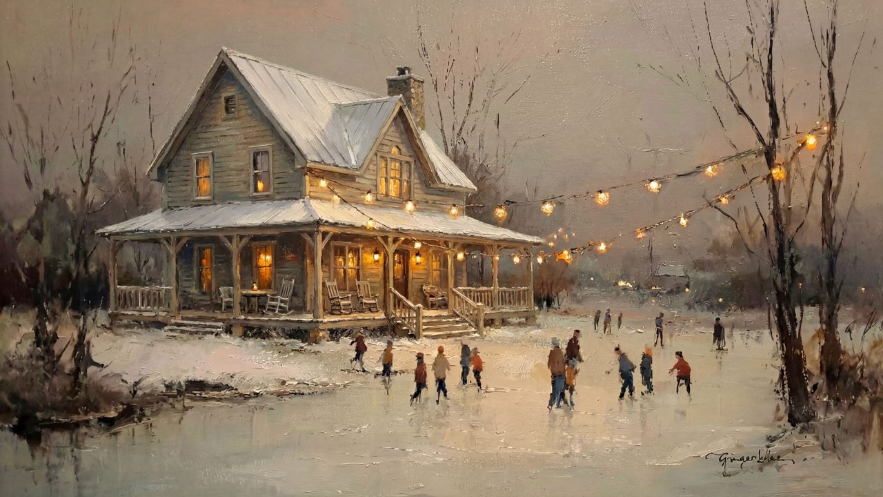 Christmas Frame TV Art, Vintage Holiday Oil Painting (Skaters by Farmhouse)