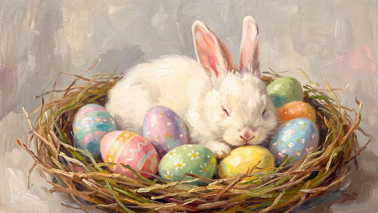 Sleeping Easter Bunny Samsung Frame TV Art, Spring TV Decor, Rabbit Oil Painting, 4K Digital Download