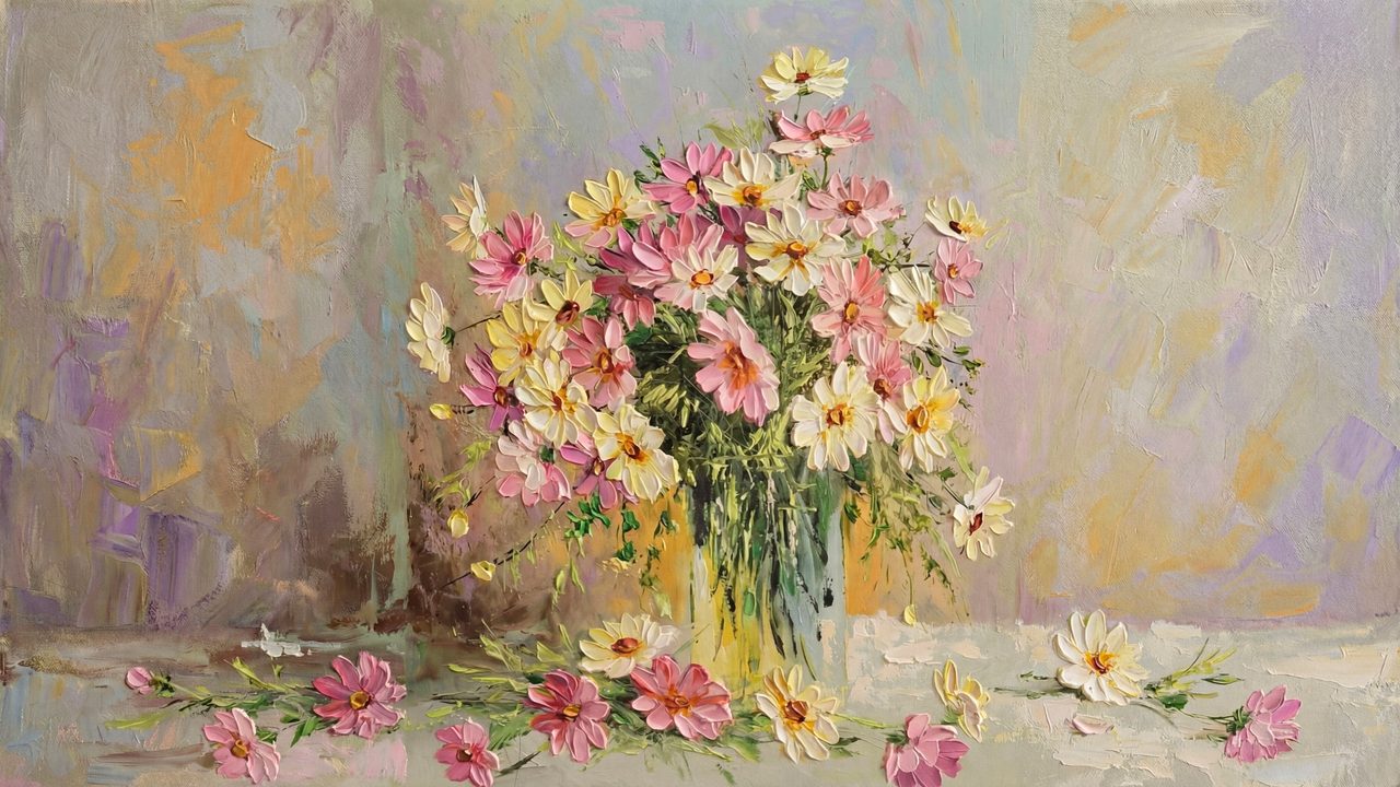 Spring Frame TV Art, Vintage Floral Landscape Oil Painting (Pink Daisies in Vase)