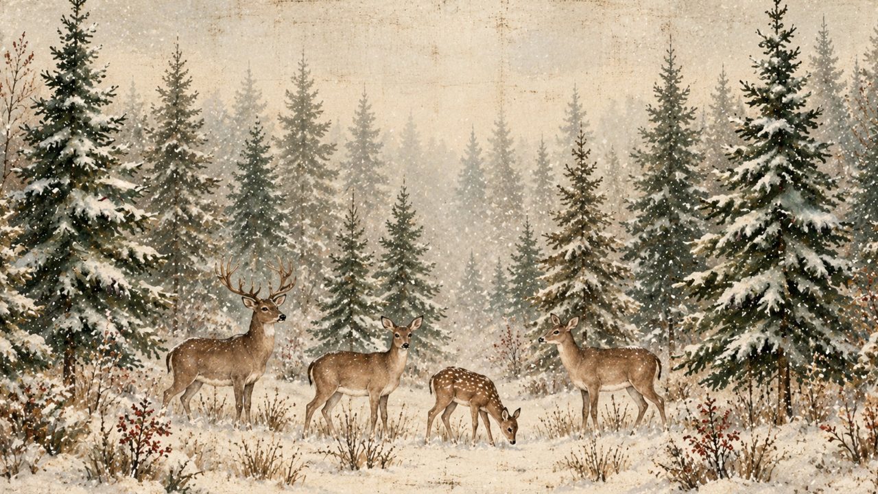 Christmas Frame TV Art, Vintage Holiday Oil Painting (Deer Among Snowy Pines)