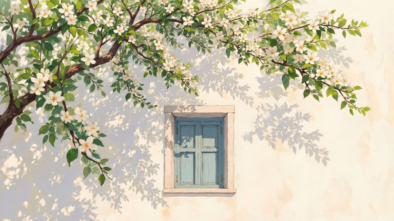 Spring Frame TV Art, Vintage Floral Landscape Oil Painting (Blossom Branch over Window)