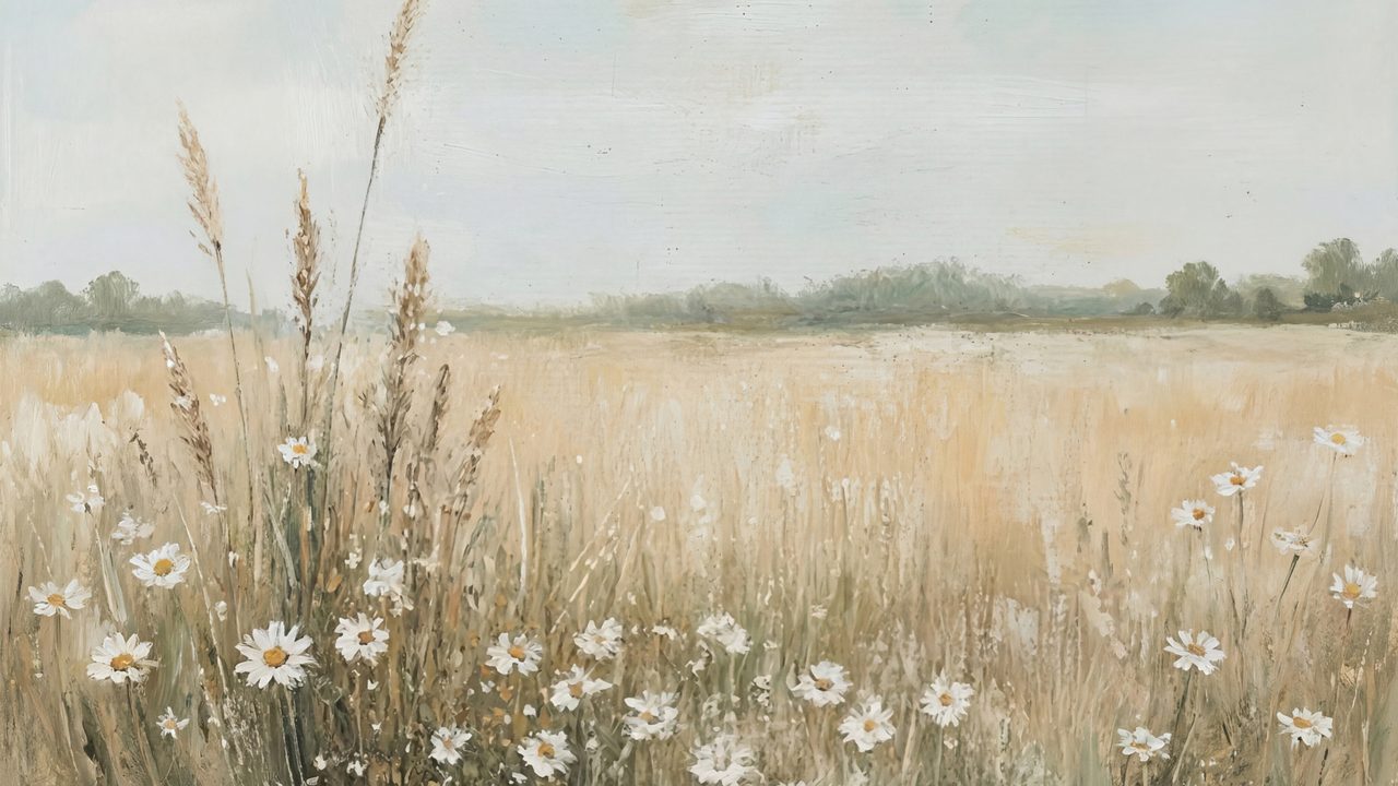 Vintage Frame TV Art, Antique Landscape Oil Painting (Daisies in Golden Field)