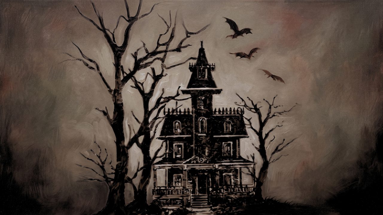 Fall Frame TV Art, Vintage Autumn Oil Painting (Haunted House with Bats)