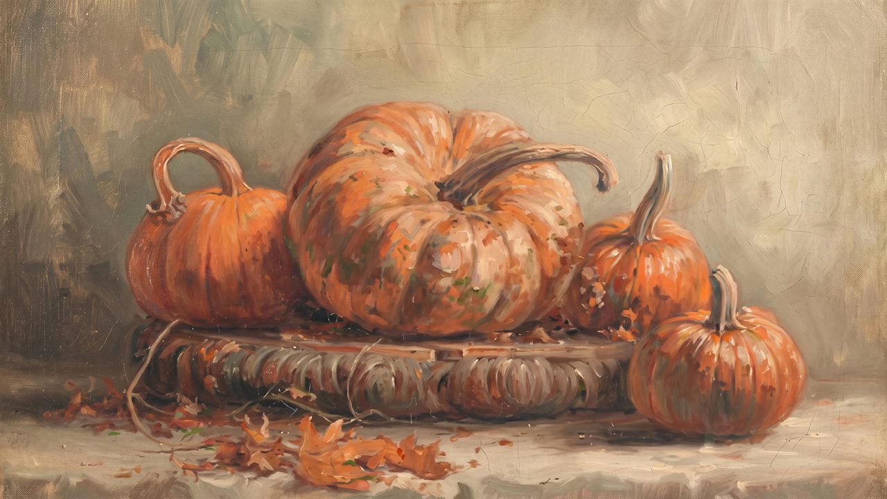 Fall Frame TV Art, Vintage Autumn Oil Painting (Heirloom Pumpkins on Platter)