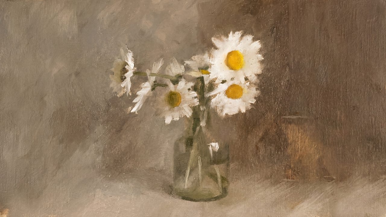Fall Frame TV Art, Vintage Autumn Oil Painting (Daisies in Glass Jar)