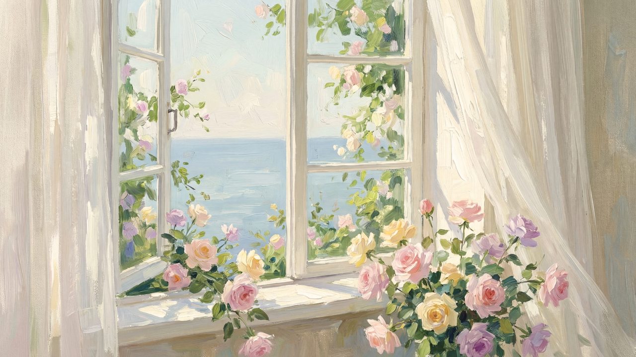 Spring Frame TV Art, Vintage Floral Landscape Oil Painting (Open Window with Roses and Sea)