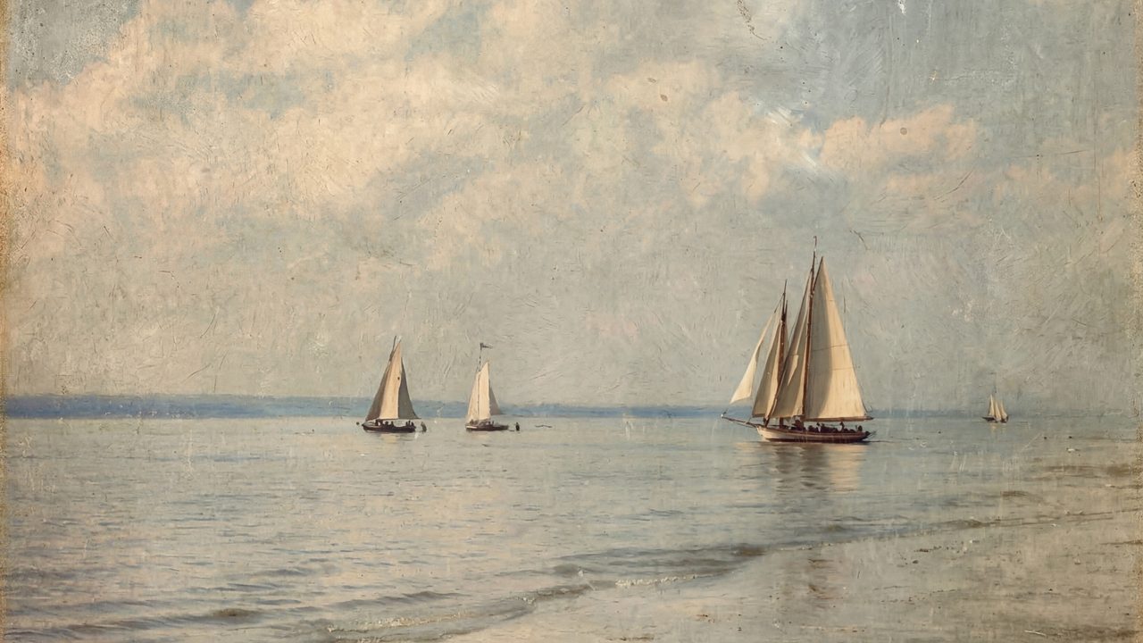 Nautical Frame TV Art, Coastal Oil Painting (Sailboats on Calm Sea)