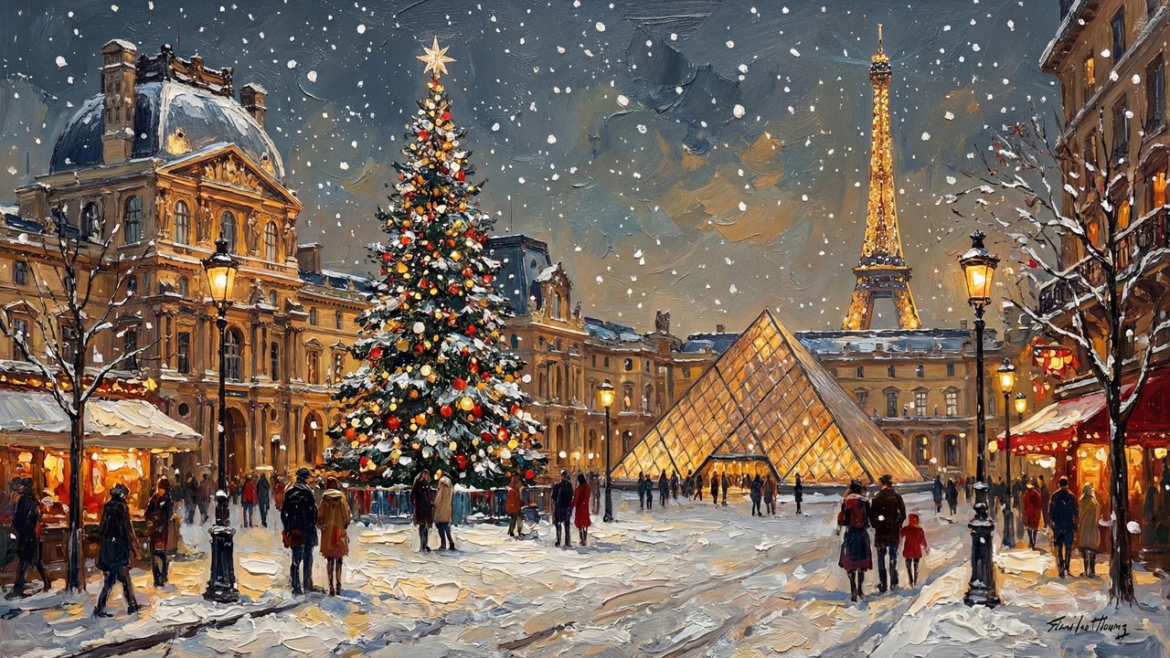 Samsung Frame TV Art Paris Christmas • Louvre Pyramid • Eiffel Tower Winter Painting • Vintage Holiday Wall Art