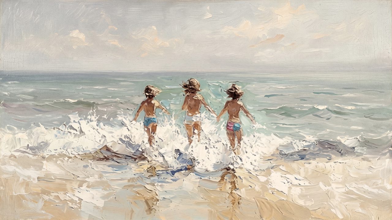 Summer Frame TV Art, Coastal Beach Oil Painting (Children Running into Waves)