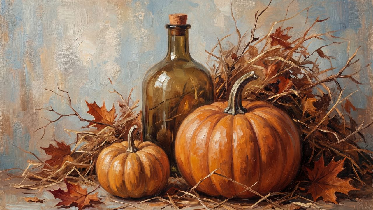 Fall Frame TV Art, Vintage Autumn Oil Painting (Pumpkins with Glass Bottle)