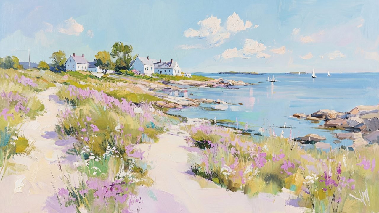 Spring Frame TV Art, Vintage Floral Landscape Oil Painting (Coastal Path to Village)