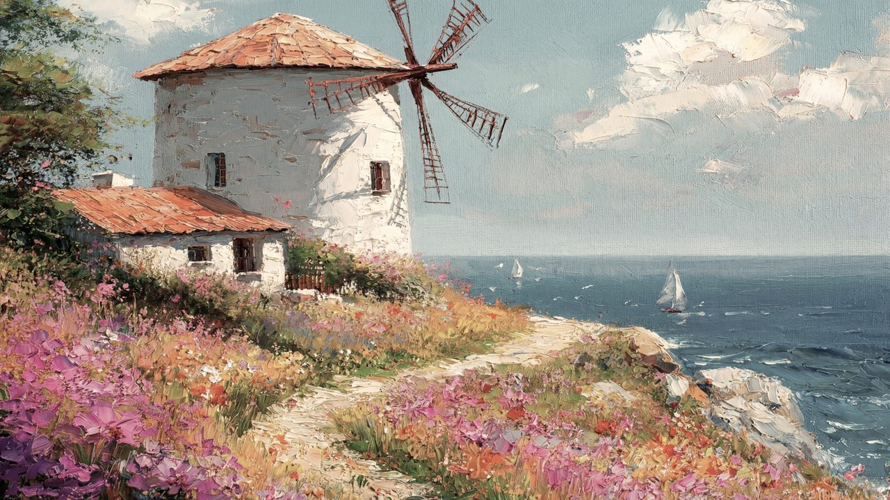 Spring Frame TV Art, Vintage Floral Landscape Oil Painting (Windmill on Seaside Cliff)