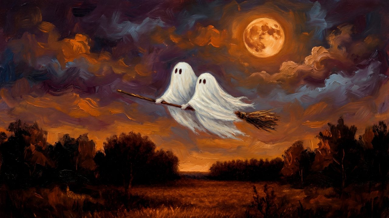 Halloween Frame TV Art, Vintage Moody Oil Painting (Ghosts Flying on Broom)