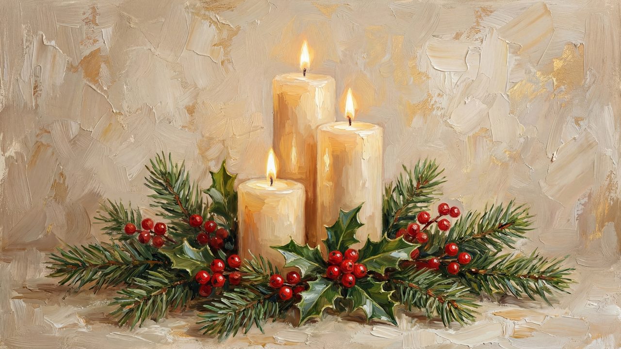 Christmas Frame TV Art, Vintage Holiday Oil Painting (Candles with Holly Garland)